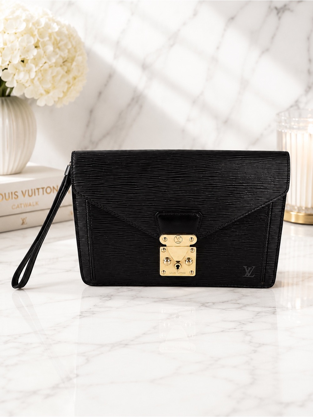 Louis Vuitton Pochette Sellier Dragonne Clutch Black Epi Leather Gold Hardware